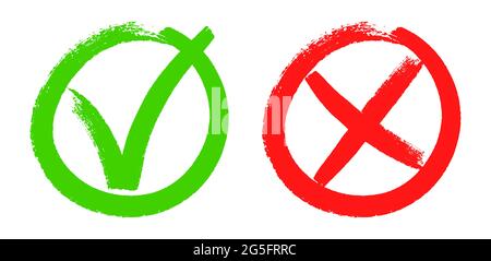 Doodle checkmarks. Grunge brush stroke tick and cross signs. Green v mark, red x sign. Yes or no checklist marks in circles vector set. Correct and wrong answers choice. Positive, negative Stock Vector