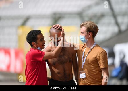 Belgian Michael Obasuyi reacts after hearing he has qualified for the Tokyo 2020 Olympics, at the Belgian athletics championships, Sunday 27 June 2021 Stock Photo