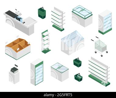 Isometric store furniture. Counter, checkout, shelves, showcase displays, baskets, carts. Supermarket or grocery shop interior vector set. Equipment for goods selling isolated on white Stock Vector