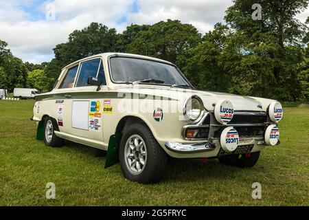 Lotus Mark 1 Ford Cortina rally car. Burnley Classic Vehicle Show 2021. Stock Photo