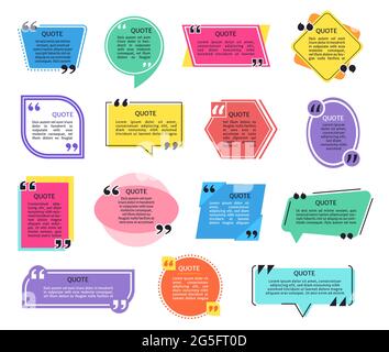 Quote frames. Quotes box frame with quotation marks, headline and text. Geometric shape dialogue speech bubble boxes, information tags vector set. Balloon for communication or talk Stock Vector