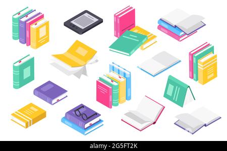 Isometric 3d book. Stacks or piles of books, open textbooks with bookmark, ebook. University library education literature icon vector set. Objects for learning or studying information Stock Vector