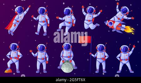 Cartoon astronaut. Cosmonaut waving hand, holding flag, dancing, sitting on moon, riding rocket. Spaceman in outer space vector set. Person exploring cosmos or universe in different positions Stock Vector