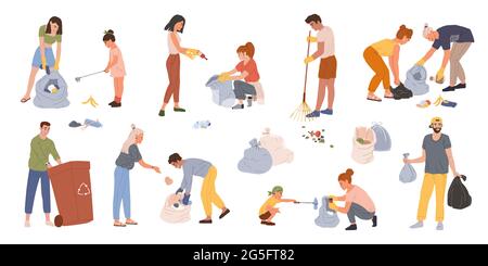 People collect trash. Men, women and kids gathering garbage in containers or bags. Volunteers collecting plastic waste together vector set. Young activists protecting environment, saving planet Stock Vector