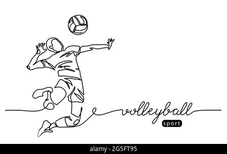 Volleyball player. Male jumps in attack. Playing volley simple vector background, banner, poster. One line drawing art illustration of volleyball Stock Vector