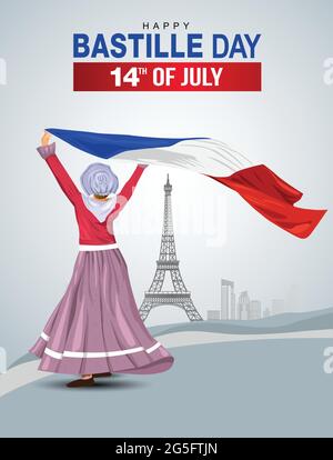 happy bastille day France 14th of July, girl holding with French flag. vector illustration. greeting card design Stock Vector
