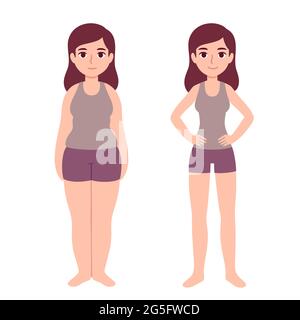 Cute cartoon woman in fitness clothes with two body types: overweight and slim. Weight loss before and after. Simple modern vector illustration. Stock Vector