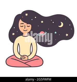 Young woman meditating with stars and space hair. Relaxation meditation for good night sleep. Cute girl doodle drawing, vector illustration. Stock Vector