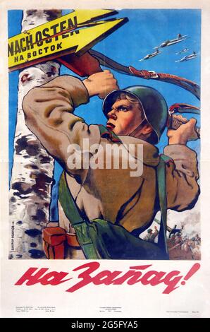 Vintage World War Two Soviet propaganda poster depicting a soldier using his rifle gun to break down an arrow sign – USSR WWII – Soviet Soldier poster Stock Photo
