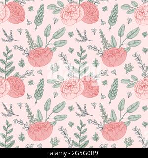 Hand drawn botany seamless pattern with pink gentle flowers. Vector illustration Stock Vector