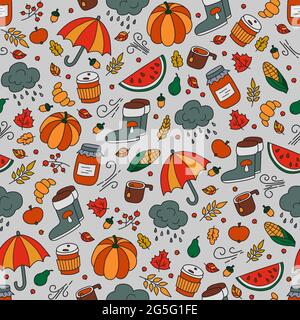 Autumn seamless pattern in doodle and cartoon style. Umbrella and rain, pumpkin and watermelon, rubber boots. Vector illustration on grey background Stock Vector