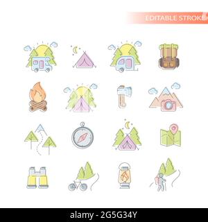 Outdoors, nature activities line icon set. Colorful, cute camping and hiking icons, editable stroke. Stock Vector