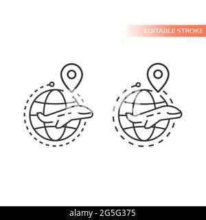 Globe, location pin and airplane line vector icon. Dashed line flight route outline, editable stroke. Stock Vector