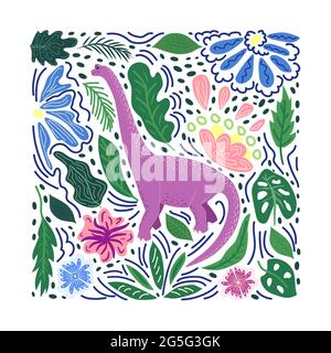 Brachiosaurus purple, prehistoric dinosaurs collection. Ancient animals. Hand drawn. In a frame of flowers and leaves. Stock Vector