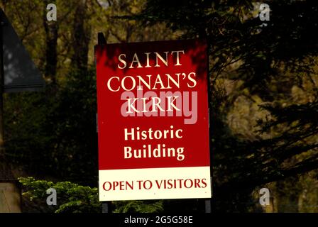 Distinctive sign for St. Conan's Kirk, Loch Awe, Scotland Stock Photo