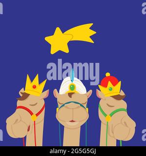 Cute Camels with Three Kings Crowns celebrate Epiphany - cartoon style Stock Vector