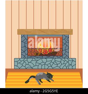Home inside living room design element. Fireplace, cat Stock Vector