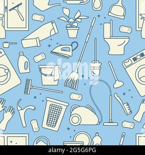 Vector Seamless pattern Illustration Cleaning Maid service Housekeeping Washing machine Mop Watering can Iron Vacuum cleaner Professional hygiene serv Stock Vector