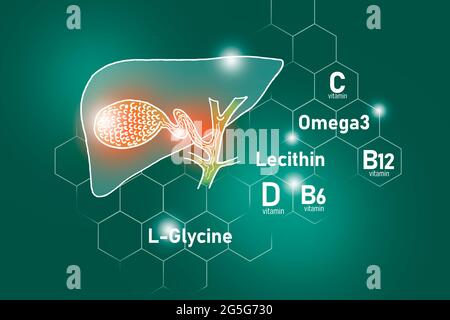 Essential nutrients for Gall Bladder health including Omega 3, L-Glycine, Omega3, Lecithin on deep green background. Stock Photo