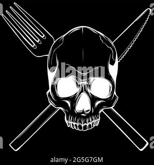 Human Skull with a Spoon and Fork. Illustration for design Stock Vector