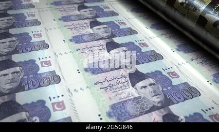 Pakistani rupee money print 3d illustration. PKR banknote printing. Concept of finance, cash, economy crisis, business recession, bank, tax and debt i Stock Photo