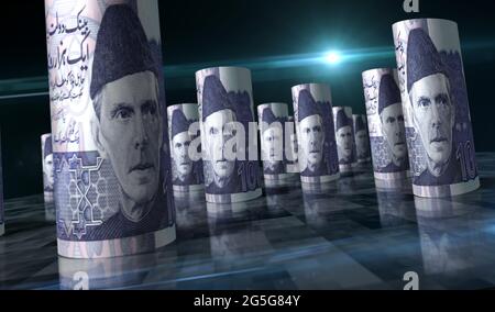 Pakistani rupee money pack 3d illustration. PKR banknote bundle stacks. Concept of finance, cash, economy crisis, business success, recession, bank, t Stock Photo