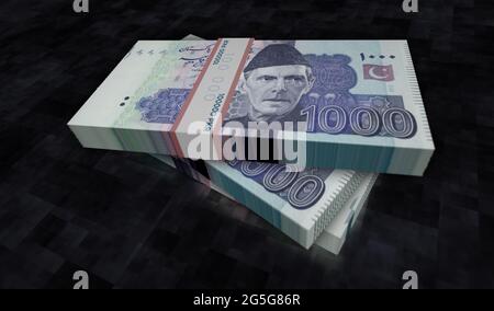 Pakistani rupee money pack 3d illustration. PKR banknote bundle stacks. Concept of finance, cash, economy crisis, business success, recession, bank, t Stock Photo