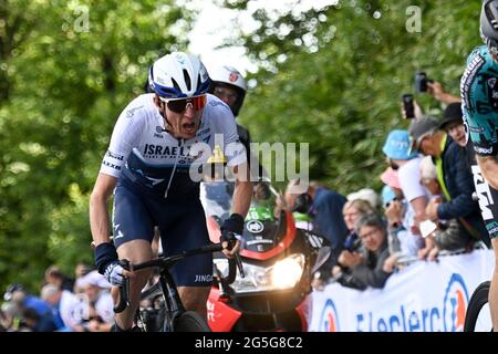 Tour de France 2021, Stage 2 Perros -Guirec to the Mur de Bretagne Guerledan. 27th June, 2021. Team Israel Start up Nation's Daniel Martin climbs the final km of the stage Credit: Peter Goding/Alamy Live News Stock Photo