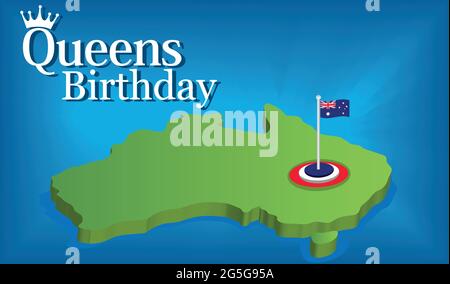 Queens Birthday with Australian maps and flags on blue background. Vector illustration Stock Vector