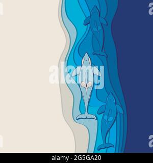 Marine background with killer whales. Vector color background. Stock Vector