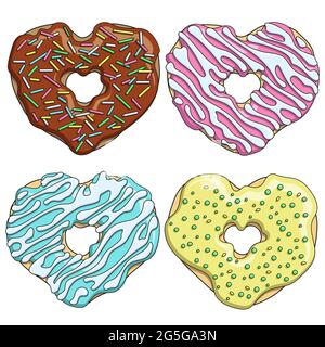 Set of colorful tasty donuts in the form of a heart. Isolated vector objects on white background. Stock Vector