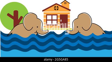 Elephant saved the house from flooding. Stock Vector