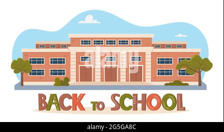 Back To School concept. Modern School Building Exterior. Facade of high school building with large windows. Design for flyer, banner, card. Vector ill Stock Vector