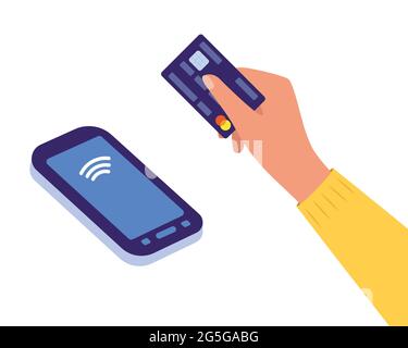 POS Terminal with hand and credit card. Contactless payment, communication technology. Near-field communication protocol. Wifi Mobile Pay. Wireless ba Stock Vector