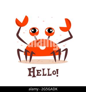Cute cartoon red crab smiling character. Hello crab. Funny vector illustration for poster, logo, greeting card, banner, cute cartoon print Stock Vector