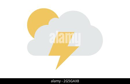 Sunny weather sign icon on white background. Yellow sun and cloud and lightning illustration Stock Vector