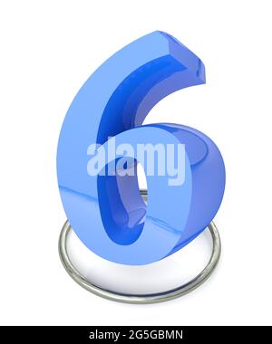 Number 6 blue over metallic circle on white background - 3D rendering illustration Stock Photo