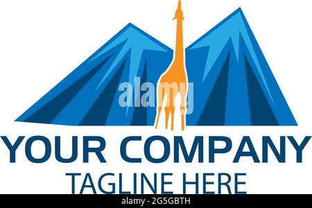 Giraffe logo with mountain. flat design. Giraffe silhouette. Vector Illustration on white background Stock Vector