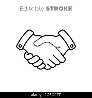 Vector handshake line art icon, sign. Business contract, agreement symbol. Editable line drawing, black and white illustration. Stock Vector