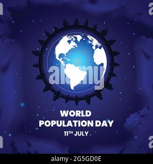 Illustration of world population day. Many peoples are standing on the earth. Background is decorating  with blue color of space. Stock Vector
