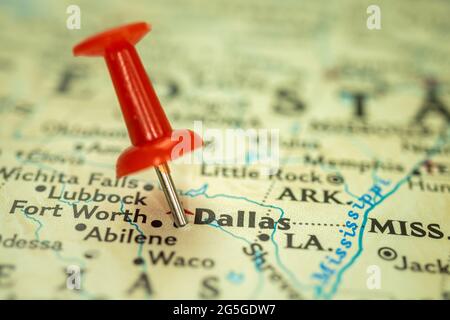 Location Dallas city in Texas, map with red push pin pointing close up, USA, United States of America Stock Photo