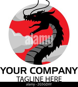Dragon logo with cloud in the circle, flat design. Vector Illustration on white background Stock Vector
