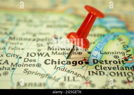 Location Chicago city in Illinois, map with red push pin pointing close up, USA, United States of America Stock Photo