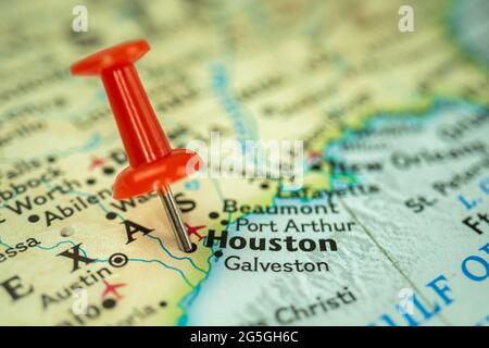 Location Houston city in Texas, map with red push pin pointing close up, USA, United States of America Stock Photo