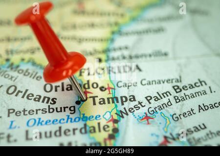 Location Tampa city in Florida, map with red push pin pointing close up, USA, United States of America Stock Photo