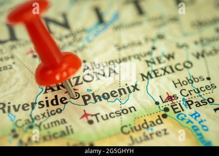 Location Phoenix city in Arizona, map with red push pin pointing close up, USA, United States of America Stock Photo