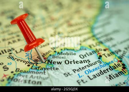 Location New Orleans city in Louisiana, map with red push pin pointing close up, USA, United States of America Stock Photo