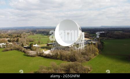 Jodrell Bank Radio Telescope, in Cheshire.  Aerial view of Jodrell Bank Radio telescope - taken from DJI MAVIC MINI Drone. Stock Photo