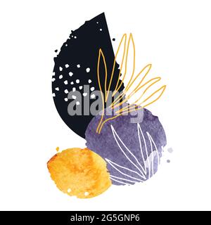 Abstract art background with watercolor stain and hand drawn floral design elements. Trendy creative minimalist artwork for wall decoration, postcard Stock Vector