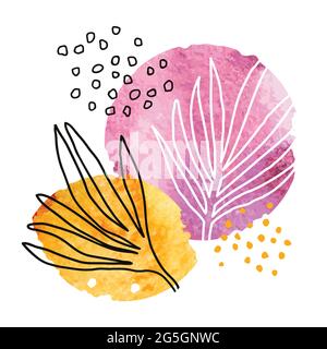 Abstract art background with watercolor stains and hand drawn tropical leaves. Creative minimalist artwork for wall decoration, postcard or brochure c Stock Vector